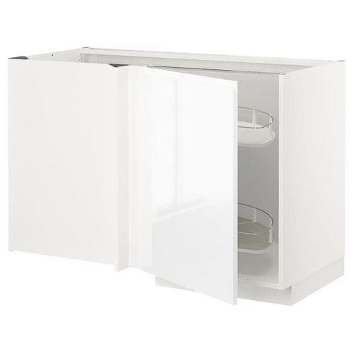 METOD - Corner base cab w pull-out fitting, white/Voxtorp high-gloss/white, 128x68 cm