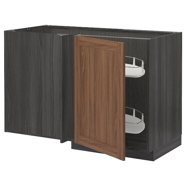 METOD - Corner base cab w pull-out fitting, black Enköping/brown walnut effect, 128x68 cm