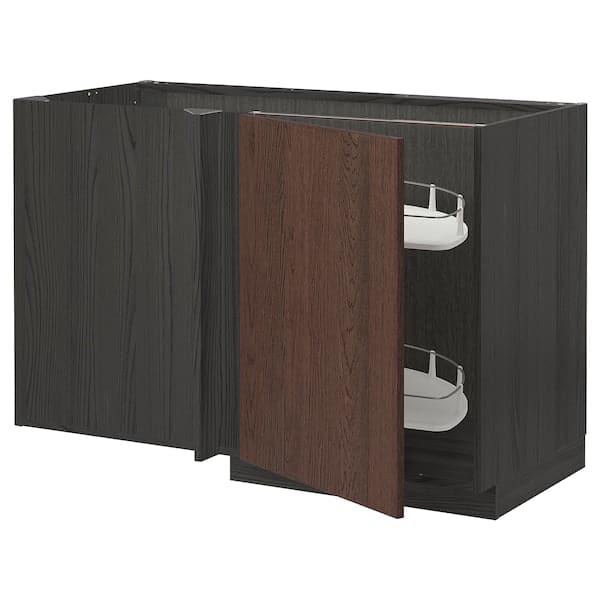 Ikea METOD - Corner base cab w pull-out fitting, black/Sinarp brown, 128x68 cm