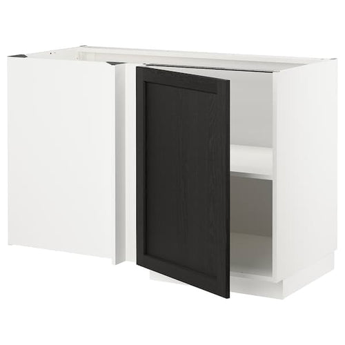 METOD - Corner base cabinet with shelf, white/Lerhyttan black stained , 128x68 cm