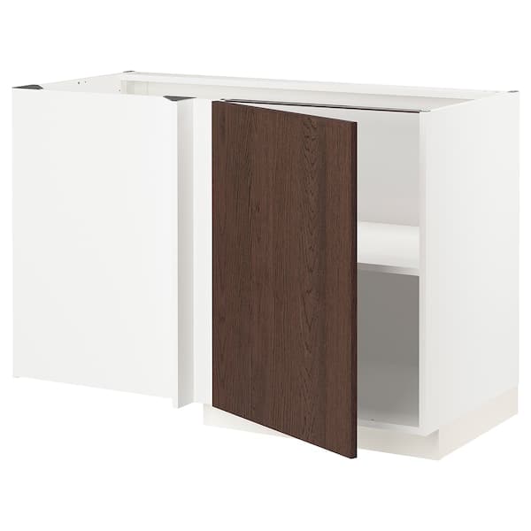 METOD - Corner base cabinet with shelf, white/Sinarp brown, 128x68 cm