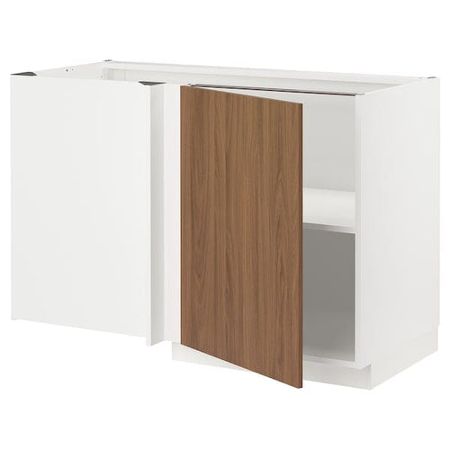 METOD - Corner base cabinet with shelf, white/Tistorp brown walnut effect, 128x68 cm