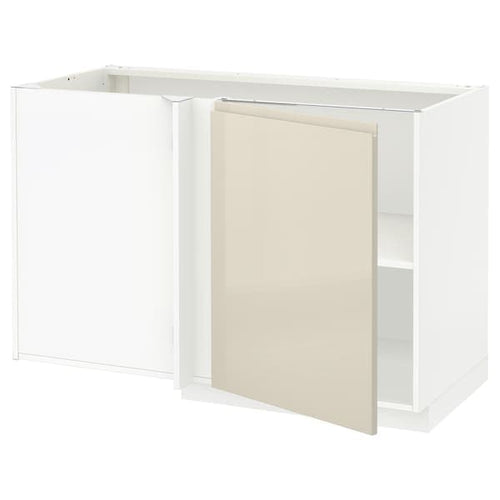 METOD - Corner base cabinet with shelf, white/Voxtorp high-gloss light beige, 128x68 cm
