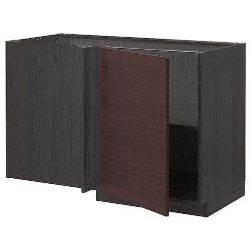 METOD - Corner base cabinet with shelf, black Askersund/dark brown ash effect, 128x68 cm