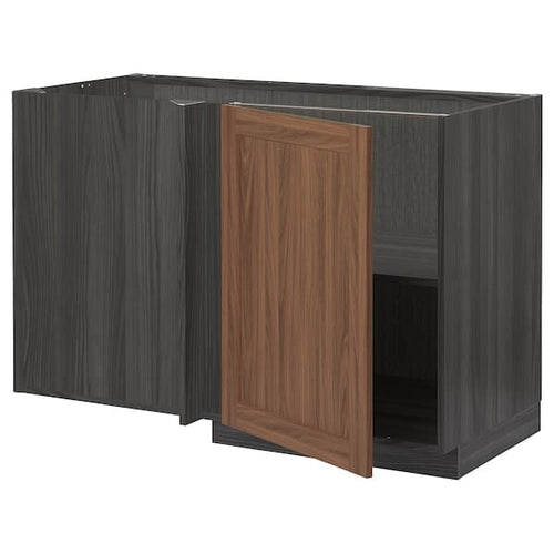 METOD - Corner base cabinet with shelf, black Enköping/brown walnut effect, 128x68 cm