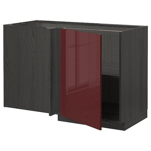 METOD - Corner base cabinet with shelf, black Kallarp/high-gloss dark red-brown, 128x68 cm