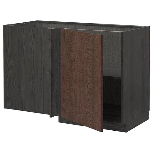 METOD - Corner base cabinet with shelf, black/Sinarp brown, 128x68 cm