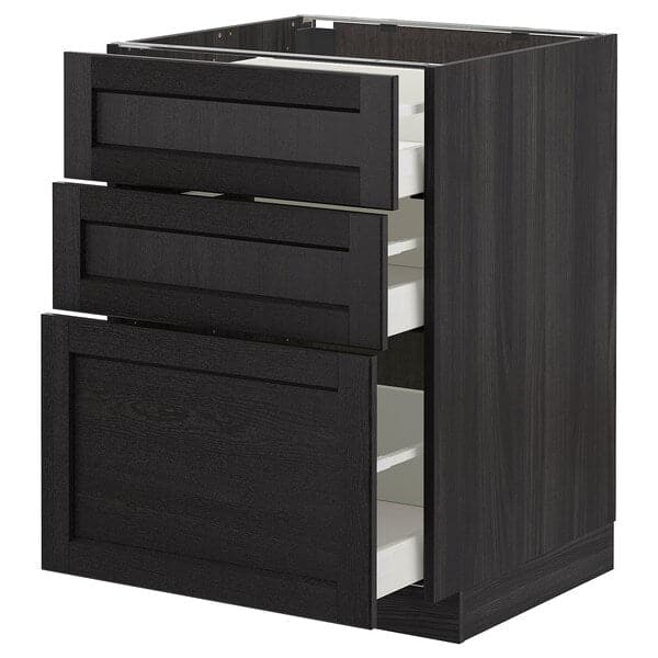 METOD - Base cabinet with 3 drawers, black/Lerhyttan black stained