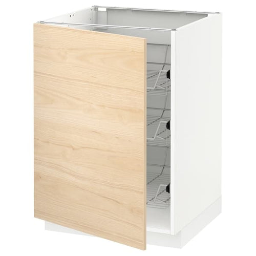 METOD - Base cabinet with wire baskets, white/Askersund light ash effect, 60x60 cm