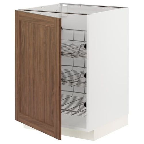 METOD - Base cabinet with wire baskets, white Enköping/brown walnut effect, 60x60 cm