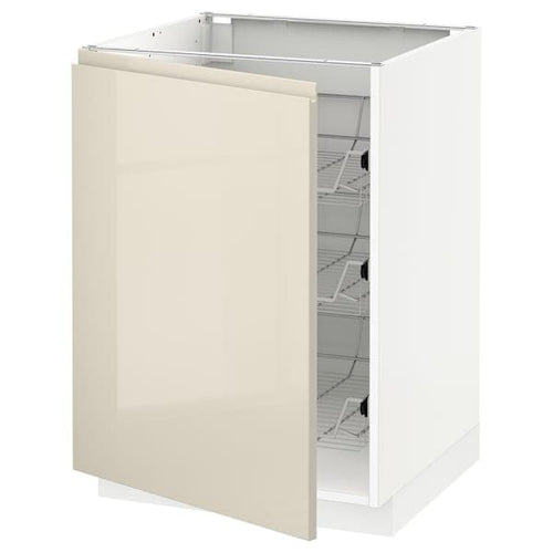 METOD - Base cabinet with wire baskets, white/Voxtorp high-gloss light beige, 60x60 cm
