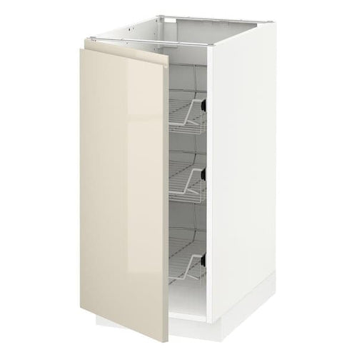 METOD - Base cabinet with wire baskets, white/Voxtorp high-gloss light beige, 40x60 cm