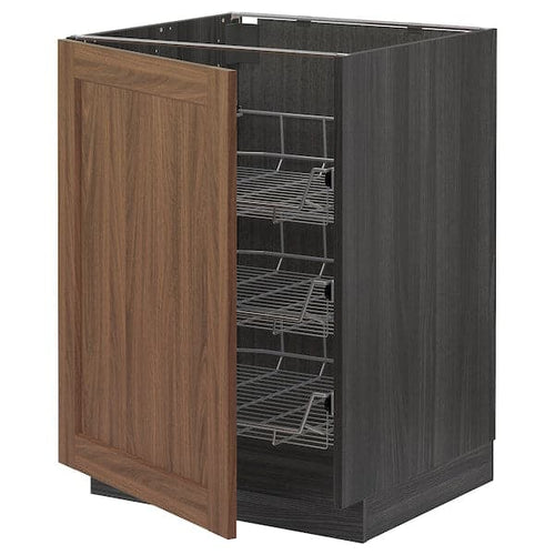 METOD - Base cabinet with wire baskets, black Enköping/brown walnut effect, 60x60 cm