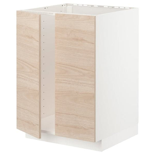 METOD - Base cabinet for sink + 2 doors, white/Askersund light ash effect, 60x60 cm