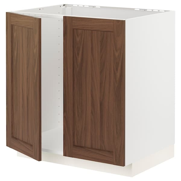 METOD - Base cabinet for sink + 2 doors, white Enköping/brown walnut effect, 80x60 cm - best price from Maltashopper.com 39475021