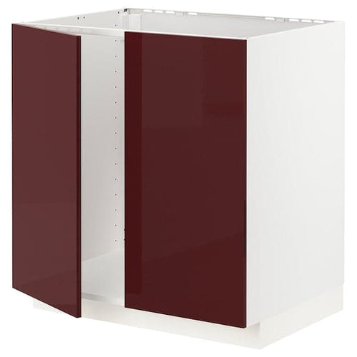 METOD - Base cabinet for sink + 2 doors, white Kallarp/high-gloss dark red-brown, 80x60 cm