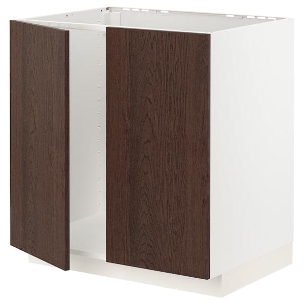 Ikea METOD - Base cabinet for sink + 2 doors, white/Sinarp brown, 80x60 cm