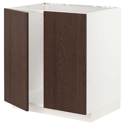 Ikea METOD - Base cabinet for sink + 2 doors, white/Sinarp brown, 80x60 cm