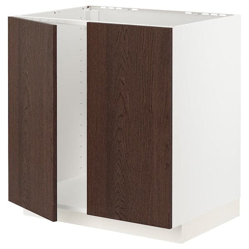 METOD - Base cabinet for sink + 2 doors, white/Sinarp brown, 80x60 cm
