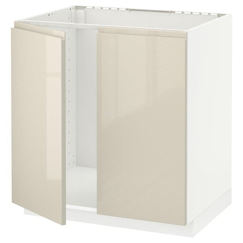 METOD - Base cabinet for sink + 2 doors, white/Voxtorp high-gloss light beige, 80x60 cm