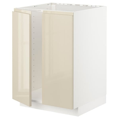 METOD - Base cabinet for sink + 2 doors, white/Voxtorp high-gloss light beige, 60x60 cm