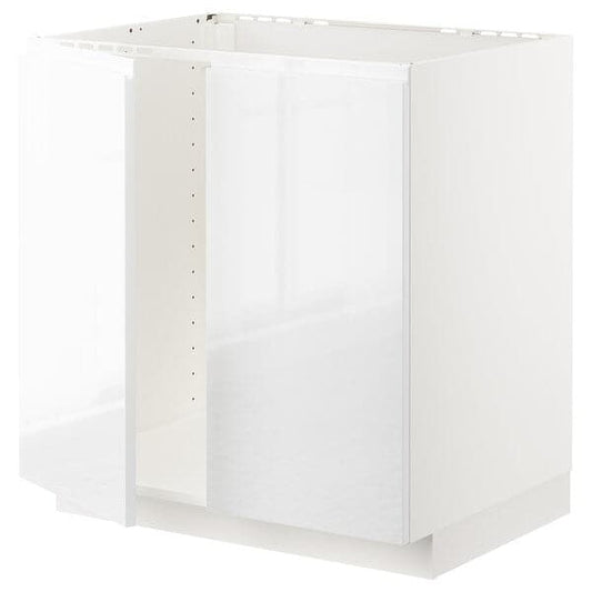 METOD - Base cabinet for sink + 2 doors, white/Voxtorp high-gloss/white, 80x60 cm - best price from Maltashopper.com 69458732