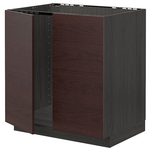 METOD - Base cabinet for sink + 2 doors, black Askersund/dark brown ash effect, 80x60 cm