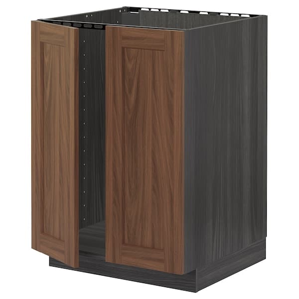 METOD - Base cabinet for sink + 2 doors, black Enköping/brown walnut effect, 60x60 cm - best price from Maltashopper.com 79476311