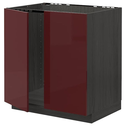 METOD - Base cabinet for sink + 2 doors, black Kallarp/high-gloss dark red-brown, 80x60 cm