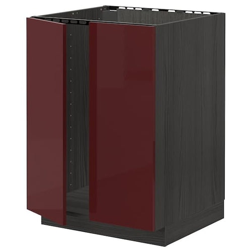 METOD - Base cabinet for sink + 2 doors, black Kallarp/high-gloss dark red-brown, 60x60 cm
