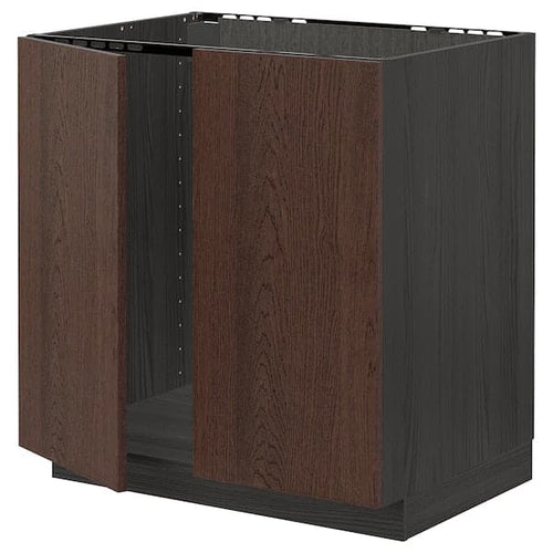 METOD - Base cabinet for sink + 2 doors, black/Sinarp brown, 80x60 cm
