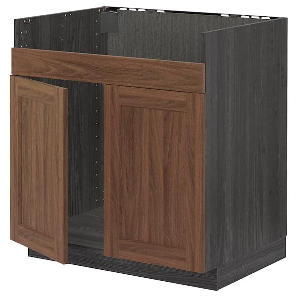 METOD - Base cab f HAVSEN double bowl sink, black Enköping/brown walnut effect, 80x60 cm - best price from Maltashopper.com 99476310