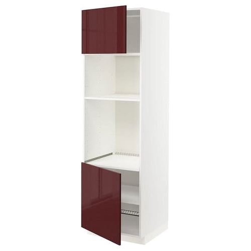 METOD - Hi cb f oven/micro w 2 drs/shelves, white Kallarp/high-gloss dark red-brown , 60x60x200 cm