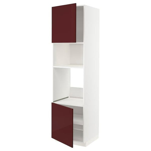 METOD - Hi cb f oven/micro w 2 drs/shelves, white Kallarp/high-gloss dark red-brown , 60x60x220 cm