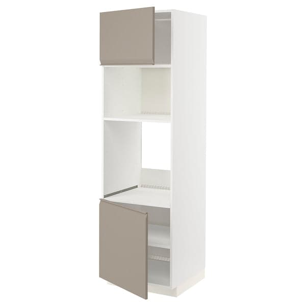 METOD hi cb f oven/micro w 2 drs/shelves, white/Upplöv matt dark beige, 60x60x200 cm