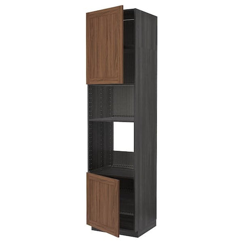 METOD - Hi cb f oven/micro w 2 drs/shelves, black Enköping/brown walnut effect, 60x60x240 cm