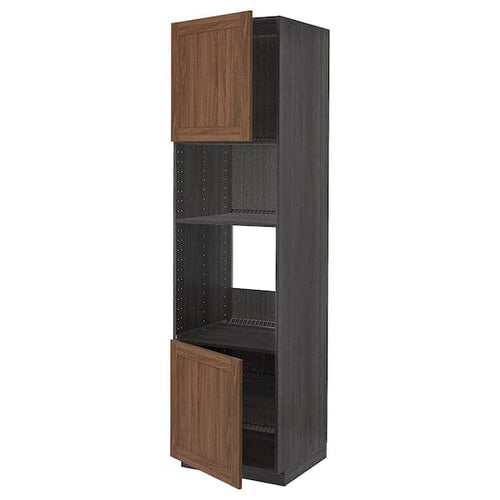 METOD - Hi cb f oven/micro w 2 drs/shelves, black Enköping/brown walnut effect, 60x60x220 cm