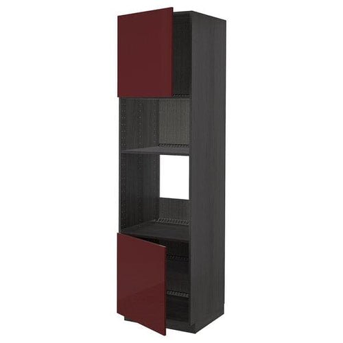 METOD - Hi cb f oven/micro w 2 drs/shelves, black Kallarp/high-gloss dark red-brown , 60x60x220 cm
