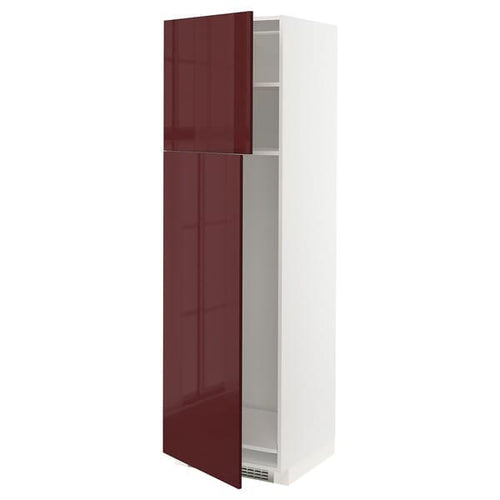 METOD - High cabinet for fridge w 2 doors, white Kallarp/high-gloss dark red-brown , 60x60x200 cm