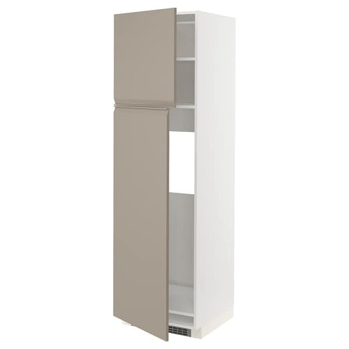 METOD high cabinet for fridge w 2 doors, white/Upplöv matt dark beige, 60x60x200 cm