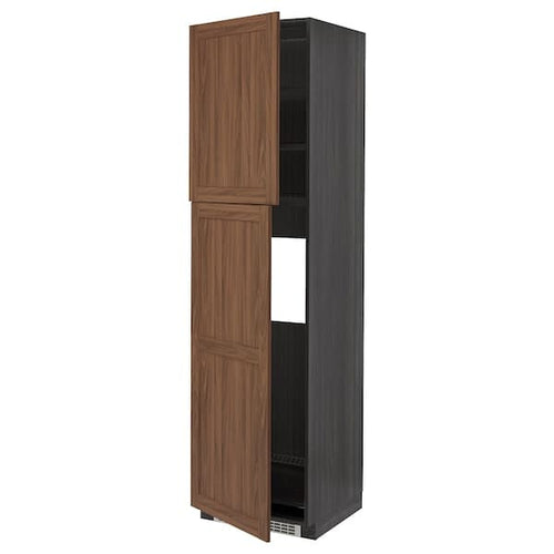 METOD - High cabinet for fridge w 2 doors, black Enköping/brown walnut effect, 60x60x220 cm