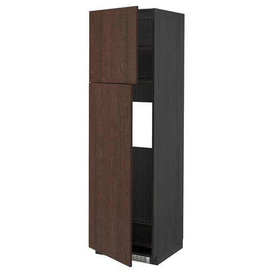 Ikea METOD - High cabinet for fridge w 2 doors, black/Sinarp brown , 60x60x200 cm