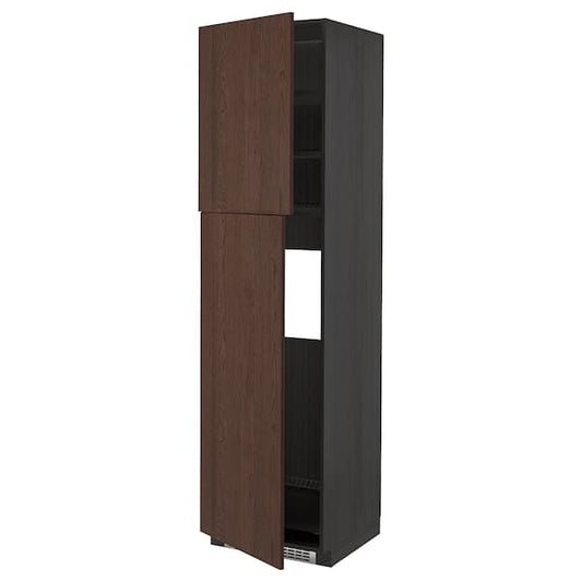 Ikea METOD - High cabinet for fridge w 2 doors, black/Sinarp brown , 60x60x220 cm