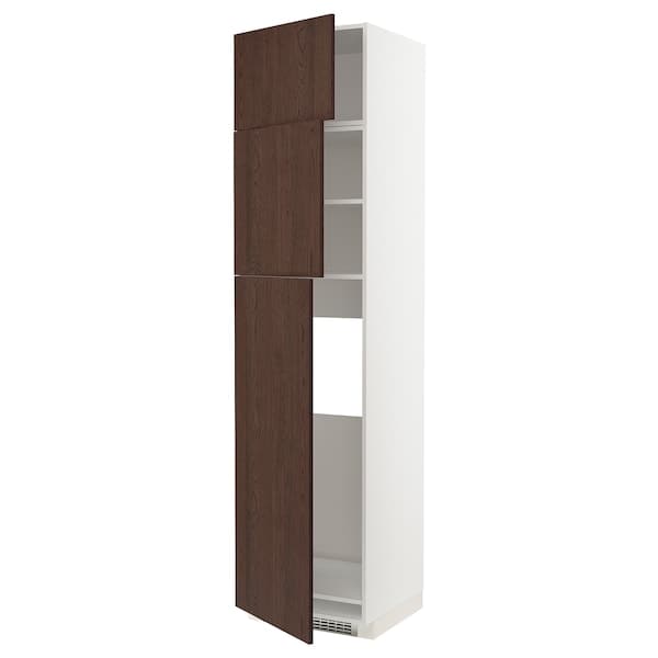 METOD - High cab for fridge with 3 doors, white/Sinarp brown , 60x60x240 cm