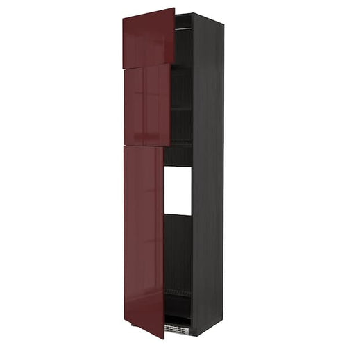 METOD - High cab for fridge with 3 doors, black Kallarp/high-gloss dark red-brown , 60x60x240 cm
