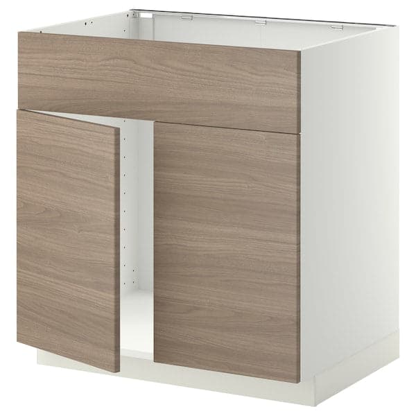 METOD base cabinet f sink w 2 doors/front, white/Brokhult light grey