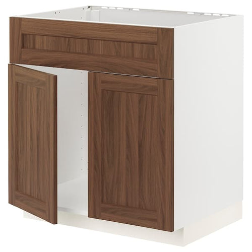 METOD - Base cabinet f sink w 2 doors/front, white Enköping/brown walnut effect, 80x60 cm