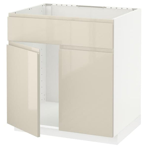 METOD - Base cabinet f sink w 2 doors/front, white/Voxtorp high-gloss light beige, 80x60 cm
