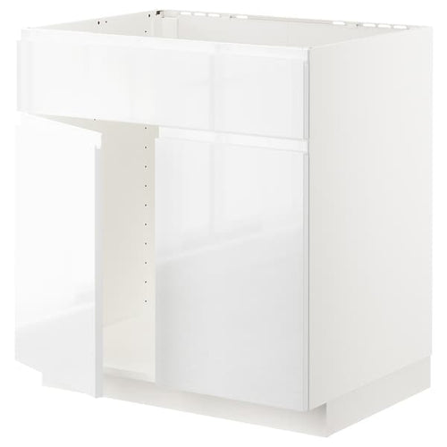 METOD - Base cabinet f sink w 2 doors/front, white/Voxtorp high-gloss/white, 80x60 cm