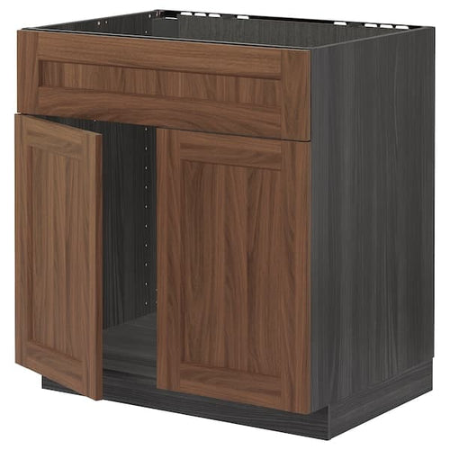 METOD - Base cabinet f sink w 2 doors/front, black Enköping/brown walnut effect, 80x60 cm
